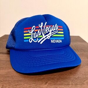 Vintage Las Vegas Nevada Trucker Hat Blue Rainbow‎ Graphic Souvenir Cap
